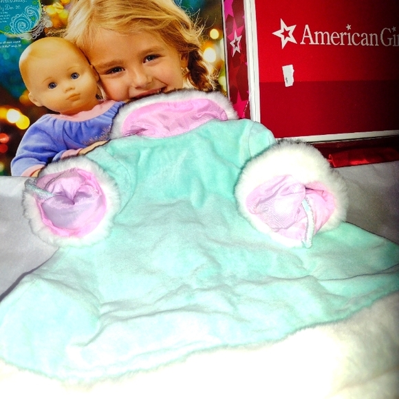 AMERICAN Girl Doll Fancy Velvet Mint Green Pink Bows Fur Cuffs Collar Bottom NWT - Picture 7 of 10